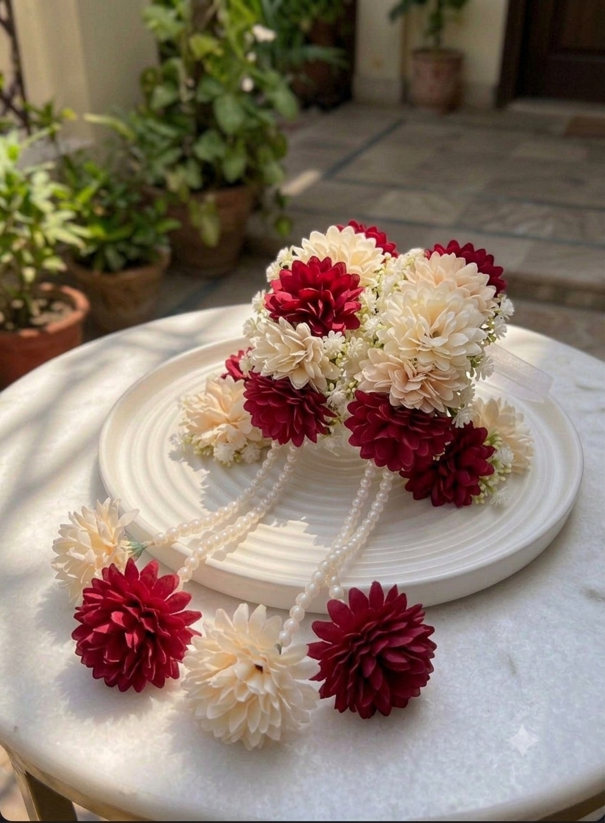 Elegant Royal Floral Gajra Pair with Pearl Hangings and attached rings