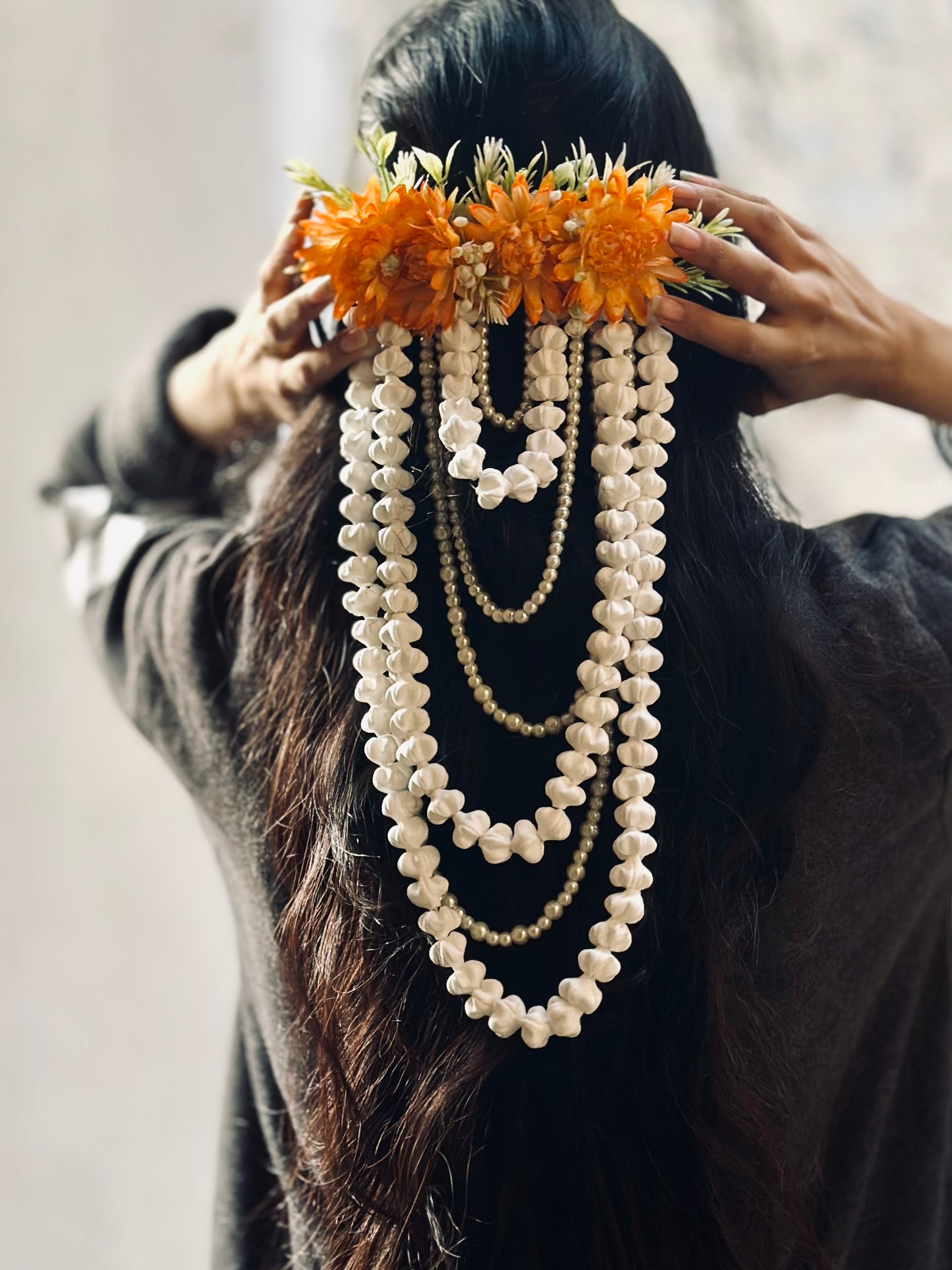 Handmade Artificial Jasmine Hair Bunch with Pearl Layers | Bridal Gajra & Braid Extension