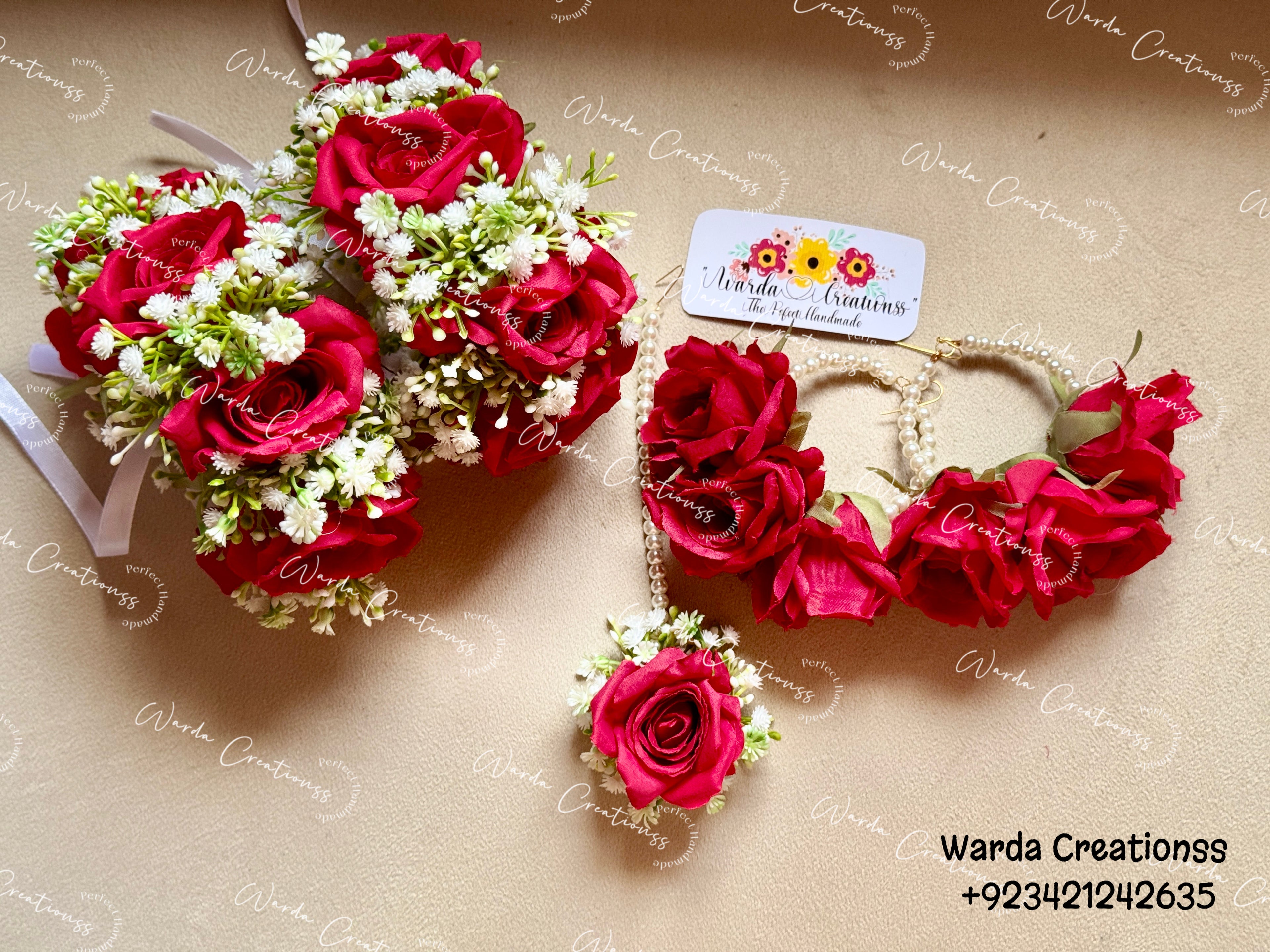 Handmade Red Rose Bridal Jewelry Set | Floral Hairpiece, Pearl Rose Hoop Earrings & Ring | Wedding, Mehndi & Haldi Accessories