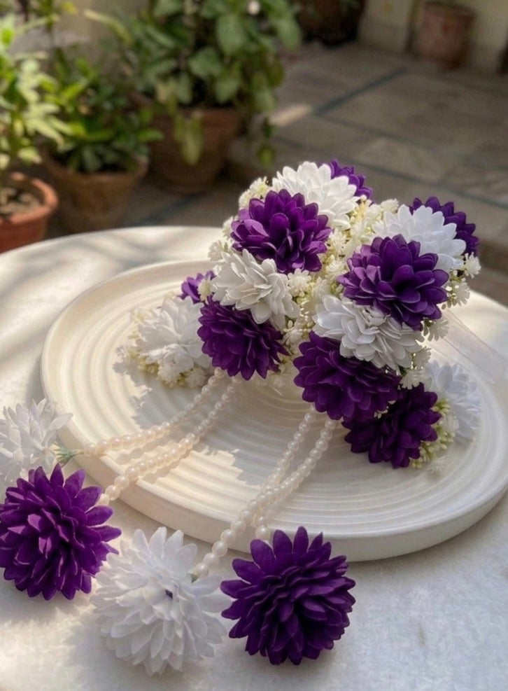 Elegant Royal Floral Gajra Pair with Pearl Hangings and attached rings