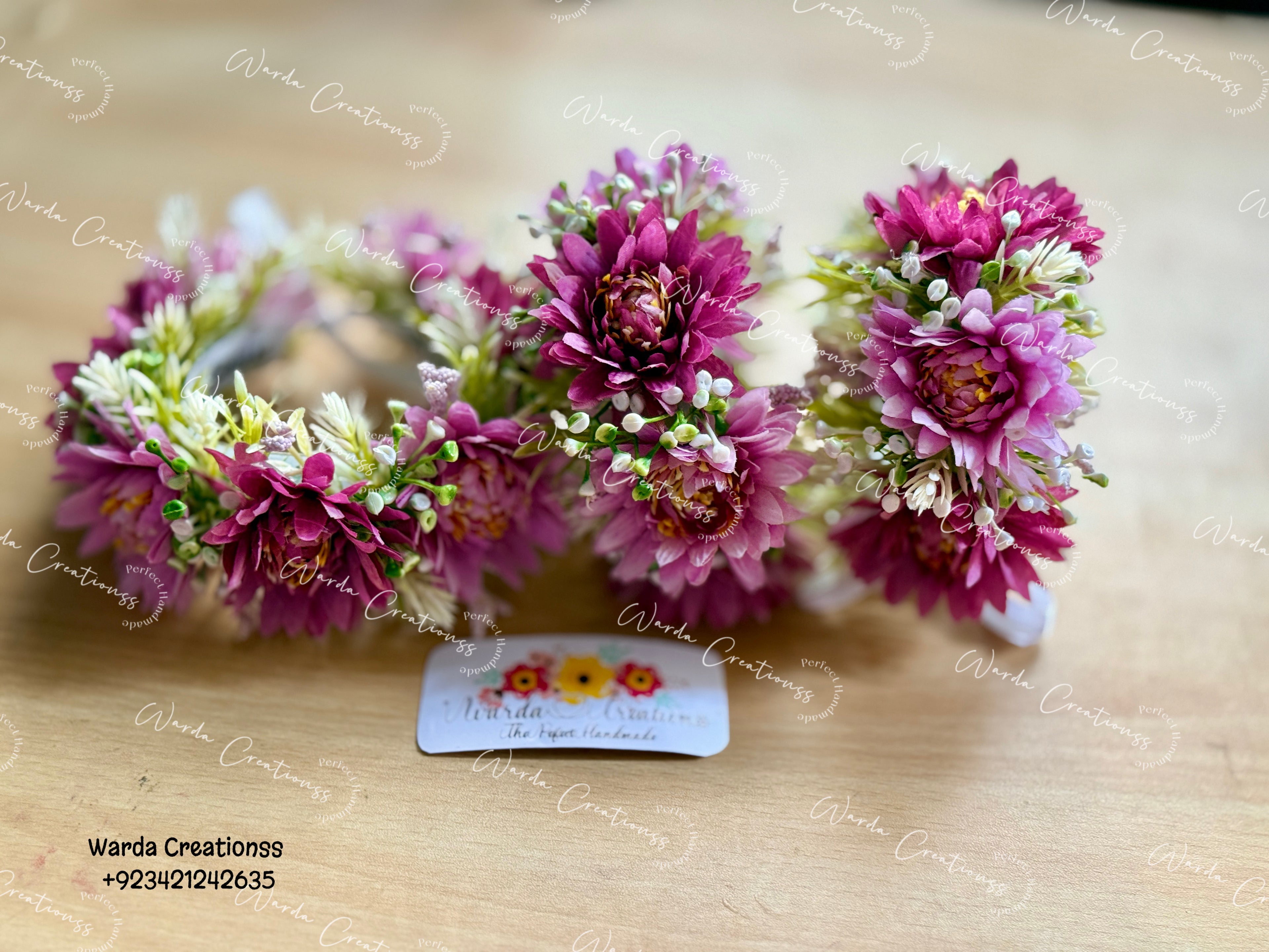 Artificial Mauve Chrysanthemum Gajra Set, Matching Hair Bun & Wrist Gajras