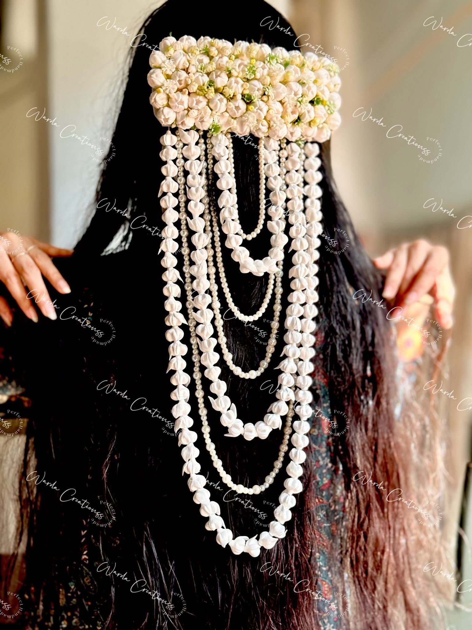 Handmade Artificial Jasmine Hair Bunch with Pearl Layers | Bridal Gajra & Braid Extension