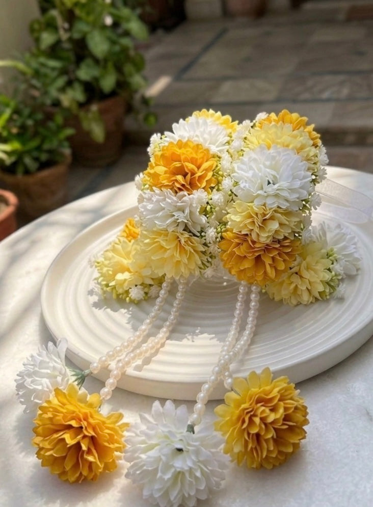 Elegant Royal Floral Gajra Pair with Pearl Hangings and attached rings