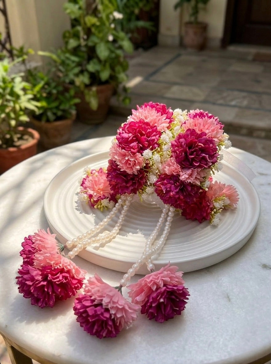 Elegant Royal Floral Gajra Pair with Pearl Hangings and attached rings