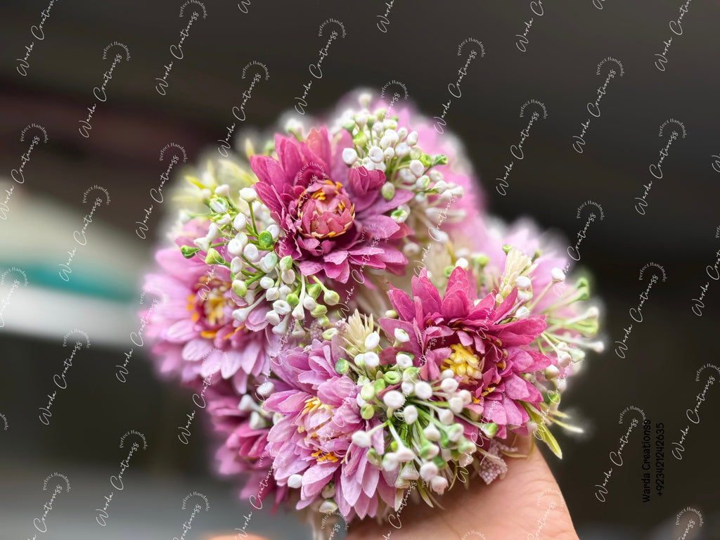 Artificial Mauve Chrysanthemum Gajra Set, Matching Hair Bun & Wrist Gajras