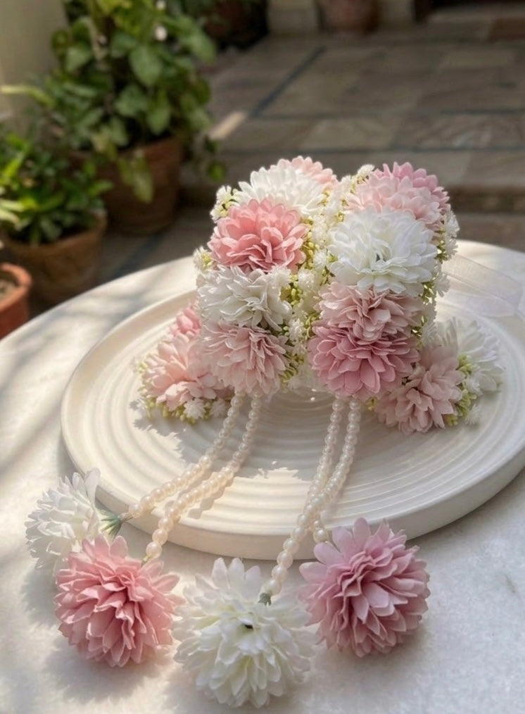 Elegant Royal Floral Gajra Pair with Pearl Hangings and attached rings