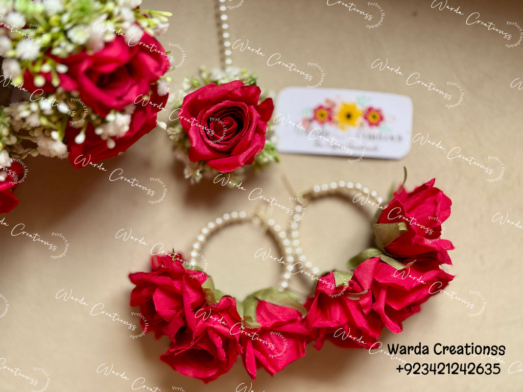 Handmade Red Rose Bridal Jewelry Set | Floral Hairpiece, Pearl Rose Hoop Earrings & Ring | Wedding, Mehndi & Haldi Accessories