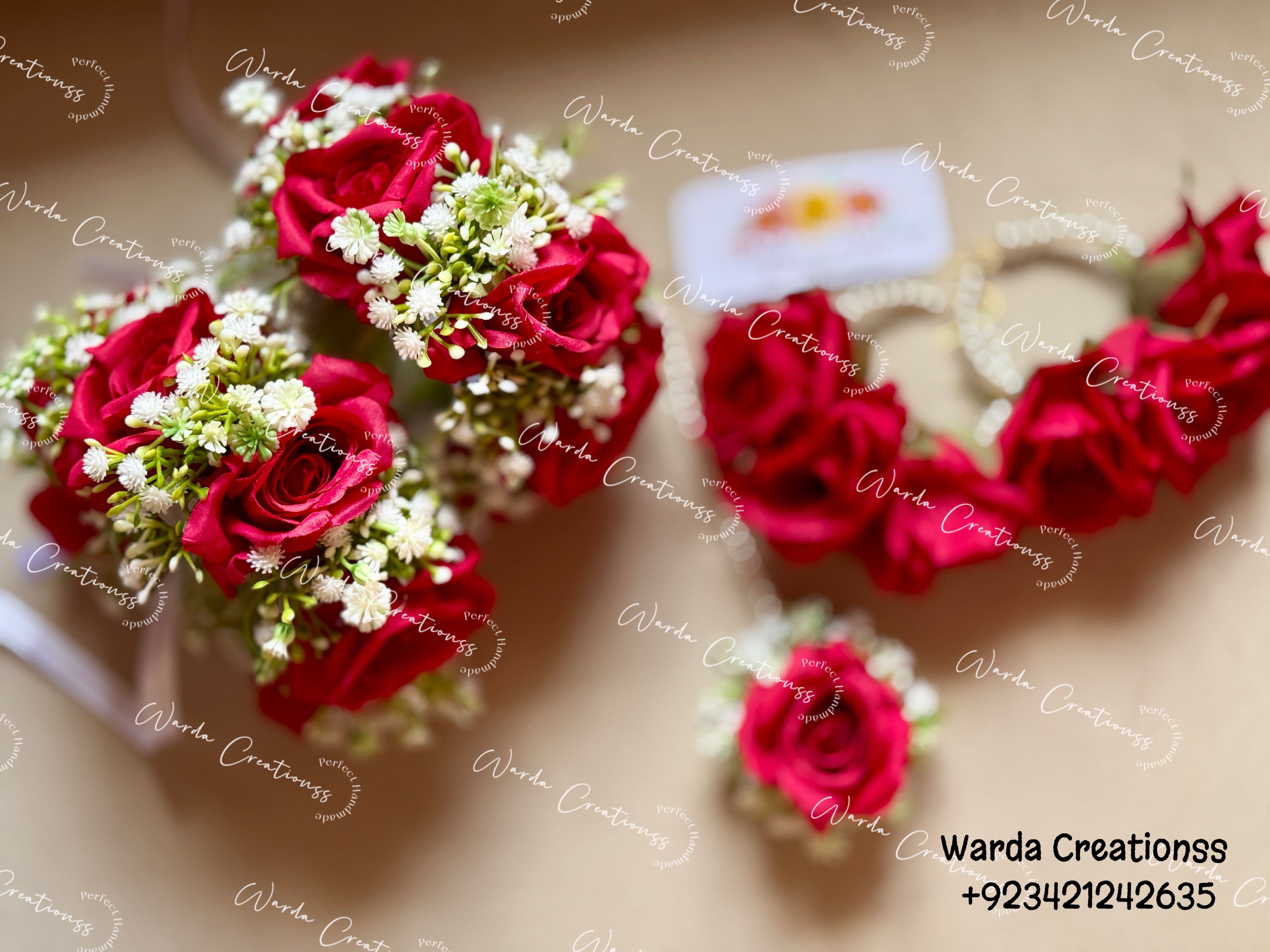 Handmade Red Rose Bridal Jewelry Set | Floral Hairpiece, Pearl Rose Hoop Earrings & Ring | Wedding, Mehndi & Haldi Accessories