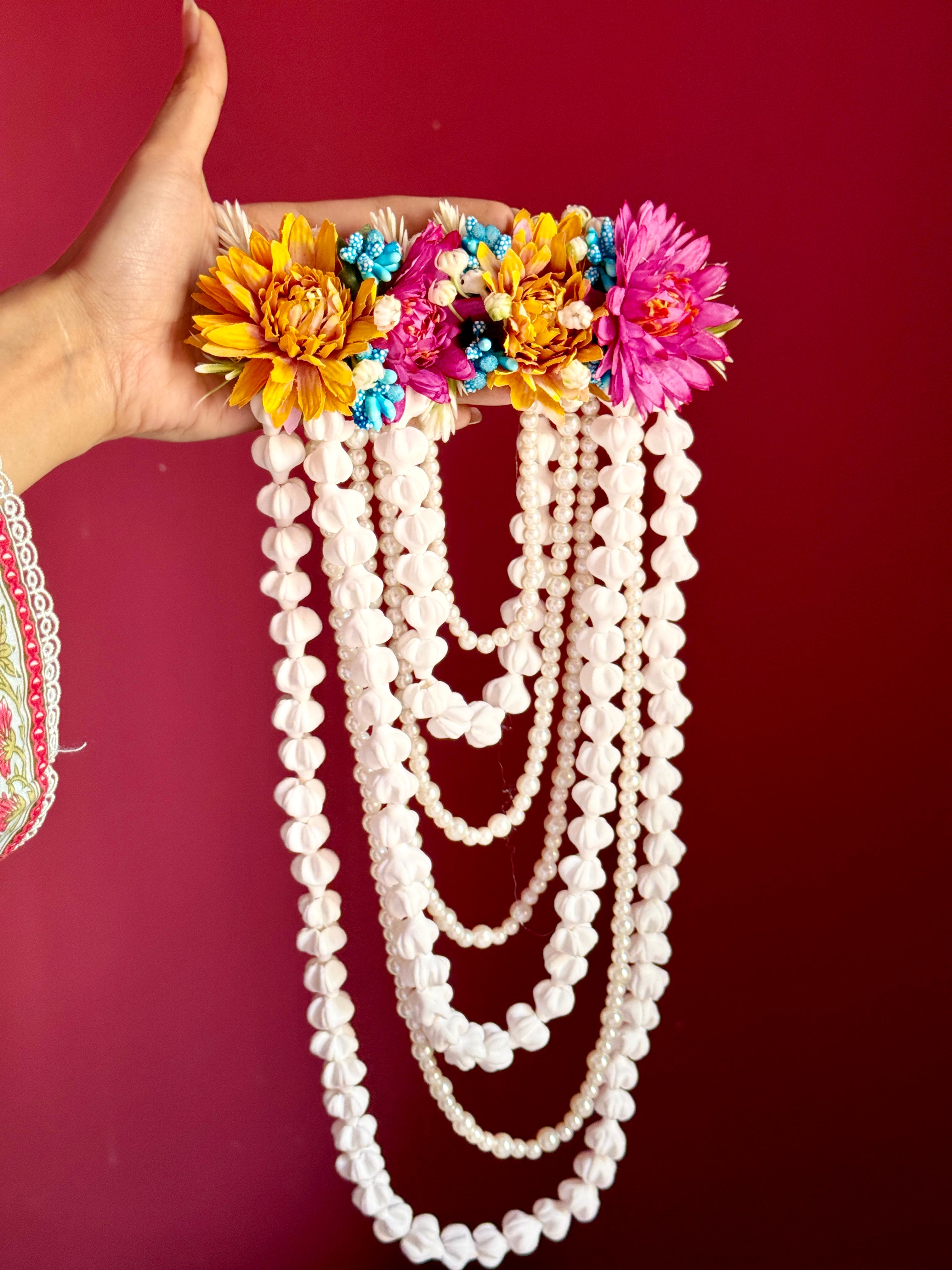 Handmade Artificial Jasmine Hair Bunch with Pearl Layers | Bridal Gajra & Braid Extension