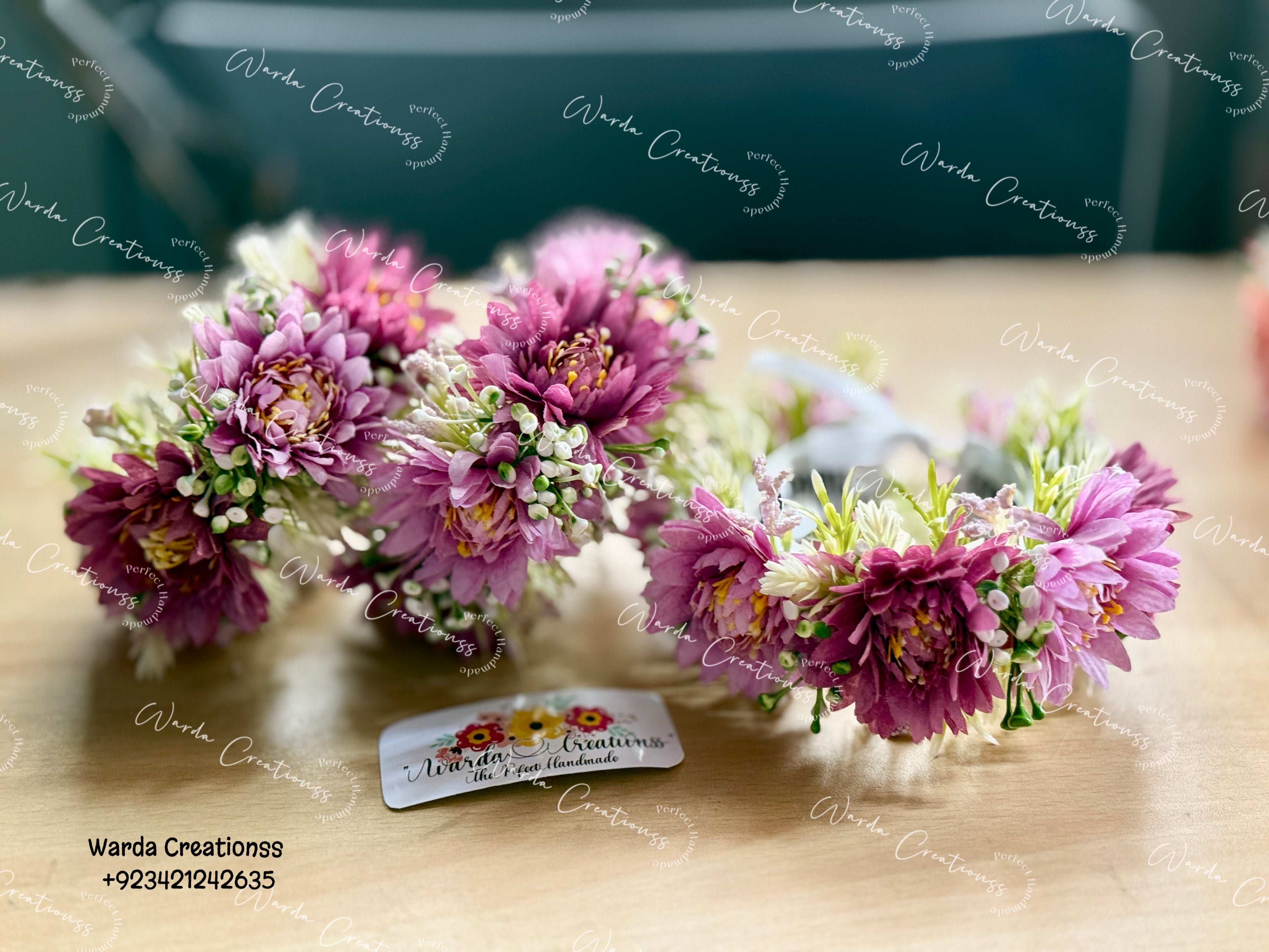 Artificial Mauve Chrysanthemum Gajra Set, Matching Hair Bun & Wrist Gajras
