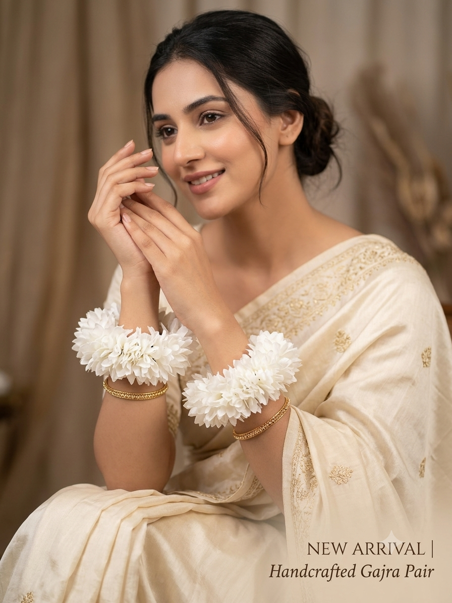 Full Round Fluffy Hand Gajra Pair, Handcrafted White Artificial Flower Hand Gajra Pair | Festive & Wedding Wrist Accessories